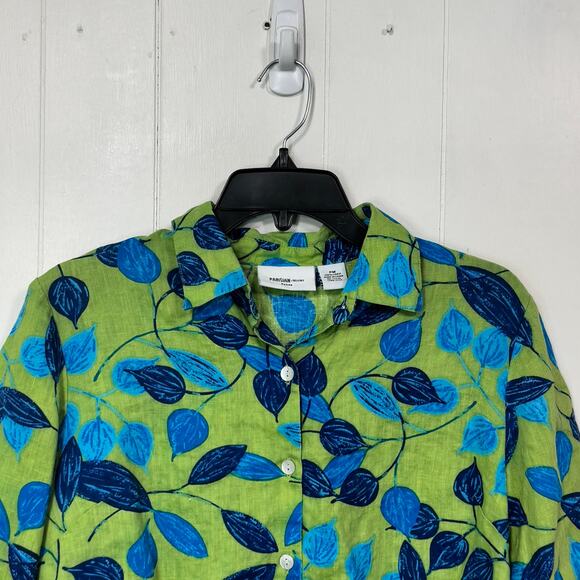 Parisian Works Womens Button Up Blouse Size Petite Medium Green Blue 100% Linen - Picture 2 of 12